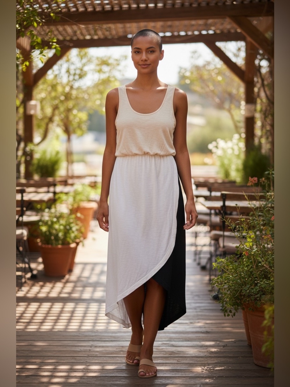 Guess Cream and Black Sleeveless Asymmetrical Sundress